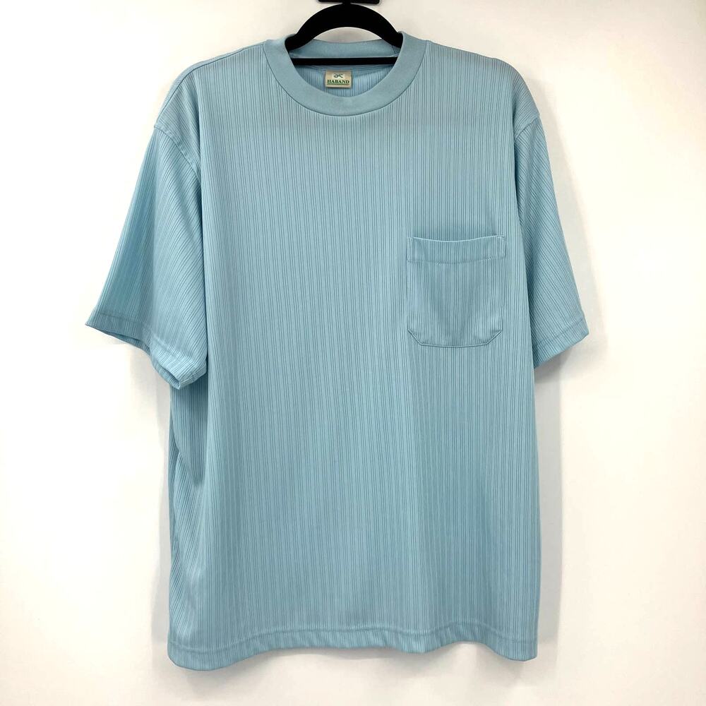 Vintage Haband Blue Stripe Crew Neck Pocket Polyester Short Sleeve Tee Shirt Top